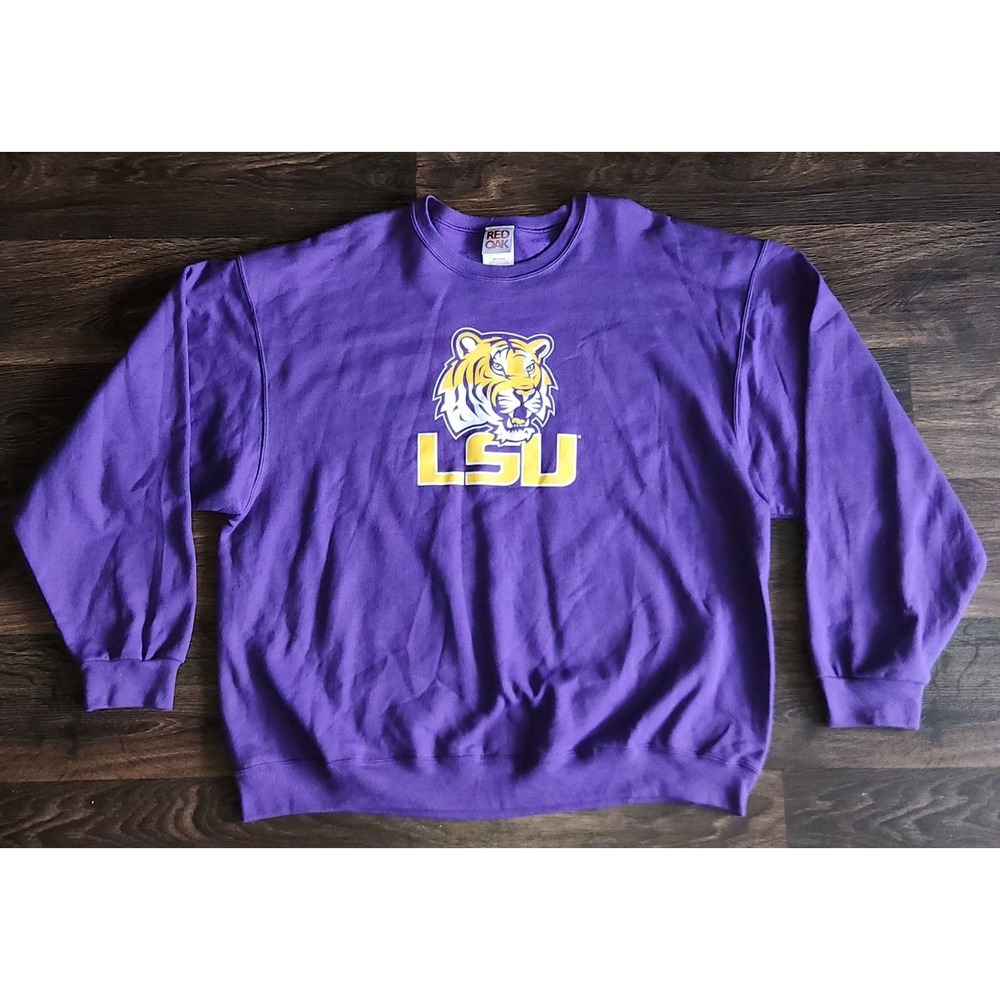 Vintage Red Oak LSU Tigers Spellout  Purple Fleece Sportswear Pullover Men 2XL